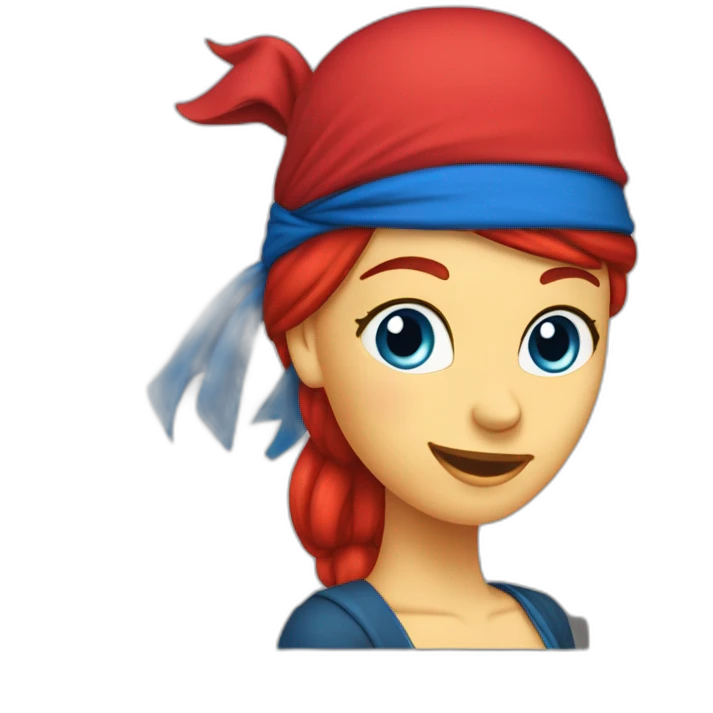 Woman long red hai in a single platt. pirate hat. One side of head has no hair. Blue eyes. skull and crossbones t shirt emoji