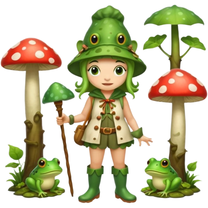 woodland bard woman dressed as frog druid, mushroom hat and rain boots emoji