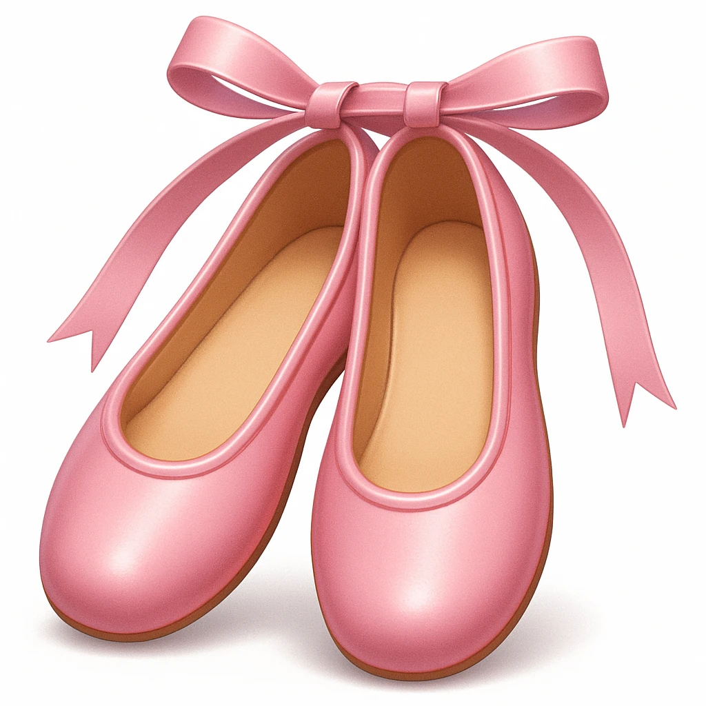 Create a ballerina shoes emoji in iOS emoji style, just like the reference image. Remove the bow at the top, keep the pink color, shiny and smooth look. Add a soft shadow. emoji