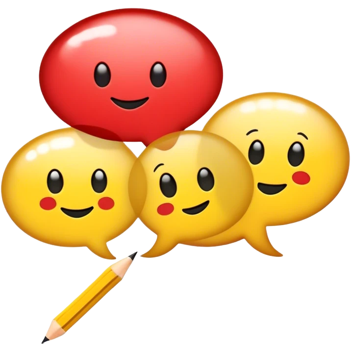 Create a vibrant and focused emoji representing writing text for comic books. The design should feature an open comic book with visible speech bubbles and text lines. A pencil or quill (without a hand) should be shown writing or sketching text into the bubbles. The background should show subtle comic panels with empty spaces awaiting dialogue, emphasizing the writing process. Use a mix of bright and bold colors like black, red, and yellow to convey creativity and energy. The overall design should evoke the art of storytelling through text in comic books. Make the background transparent. emoji