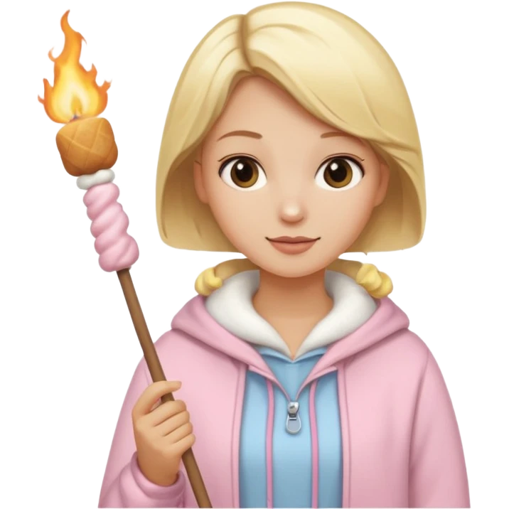 blonde woman cute clothes holding marshmallow stick emoji