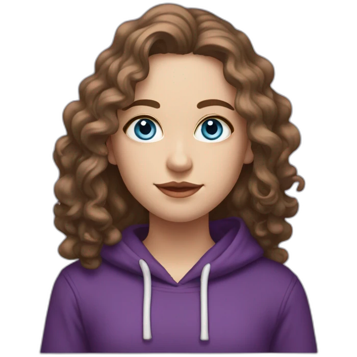 Full length girl with blue eyes and white skin and long curly brown hair with high aristocratic cheekbones in a purple hoodie emoji