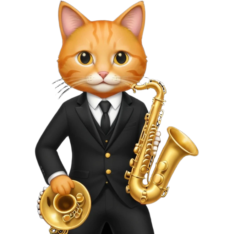 orange cat play gold saxophone, wear black suit, portrait emoji