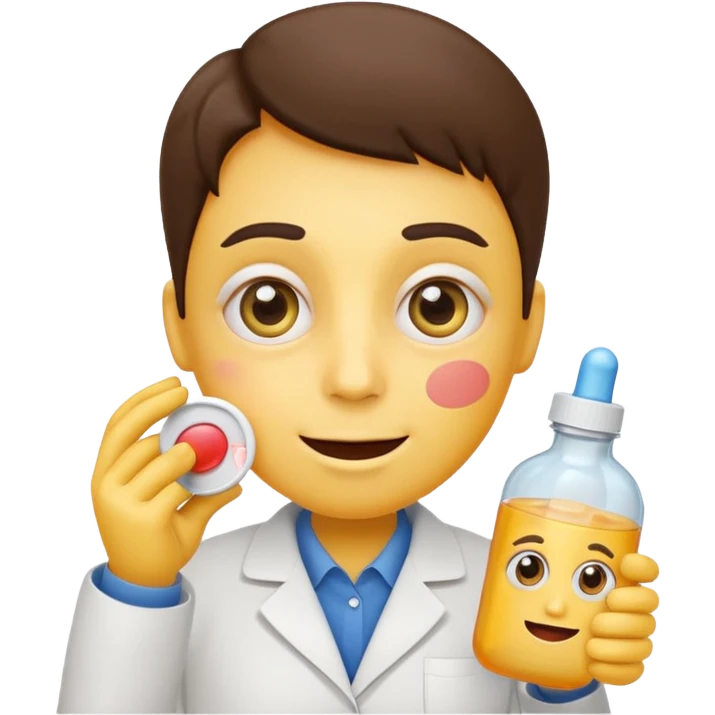 Can you create an emoji where it’s a basic yellow face emoji with wide crazy eyes and a small smile as well as blushed cheeks, and have it holding a pill near its mouth while a prescription bottle is next to it emoji