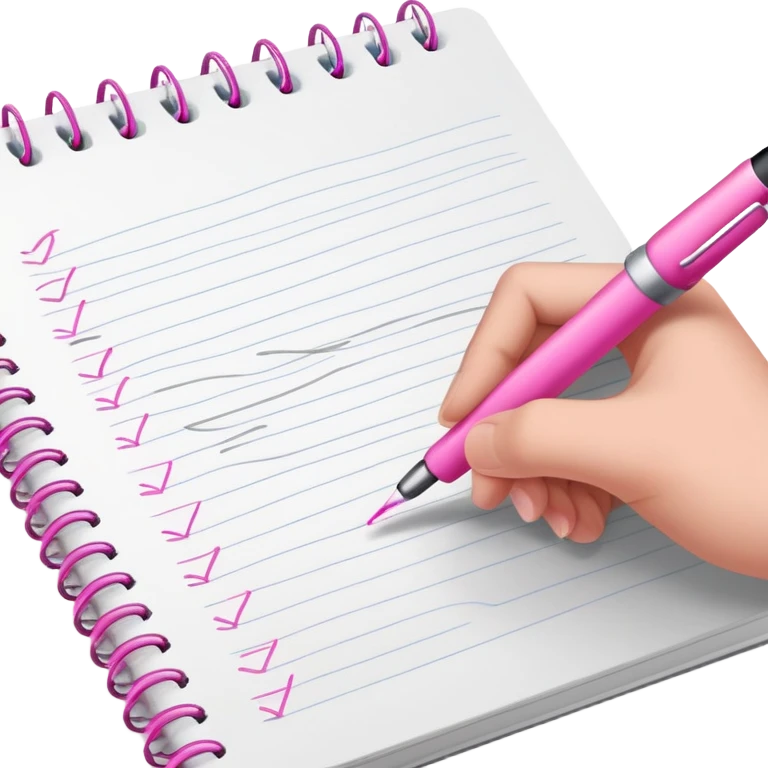 close-up view of hand writing with a pink pen in a notebook emoji