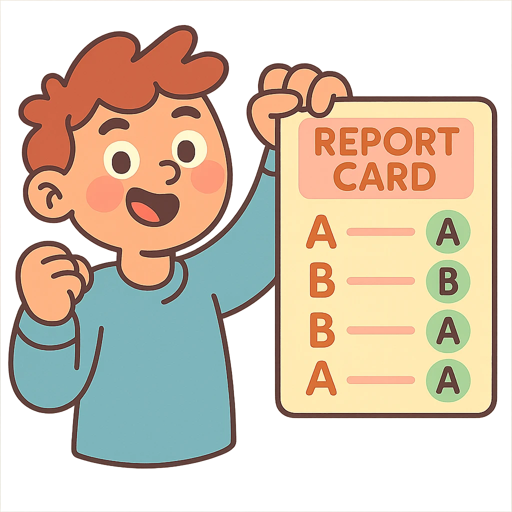 report card with gentle pastel colors, friendly and approachable emoji