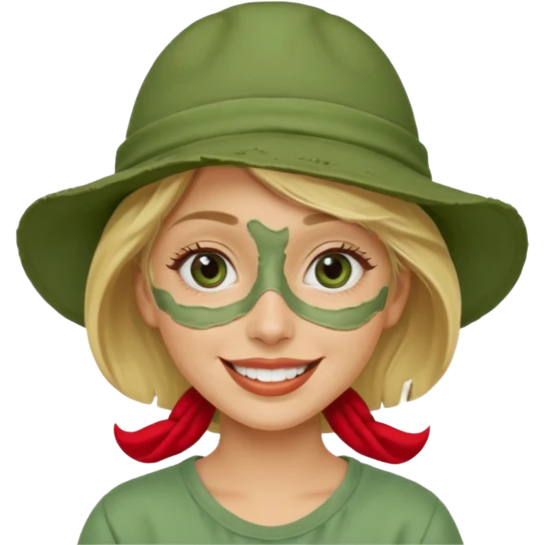 messy green clay mask and red tourist hat blond braided woman big eyes smiling and clay mask on face emoji