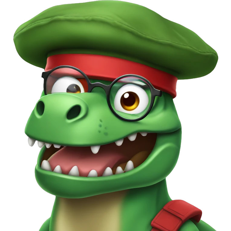 Mad Green Trex wearing red beret and eyeglasses  emoji