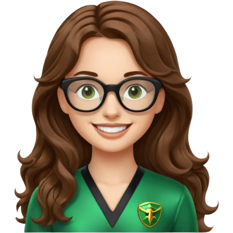 green power ranger, white girl with long brown wavy hair, thin black glasses, smiling, emoji style emoji