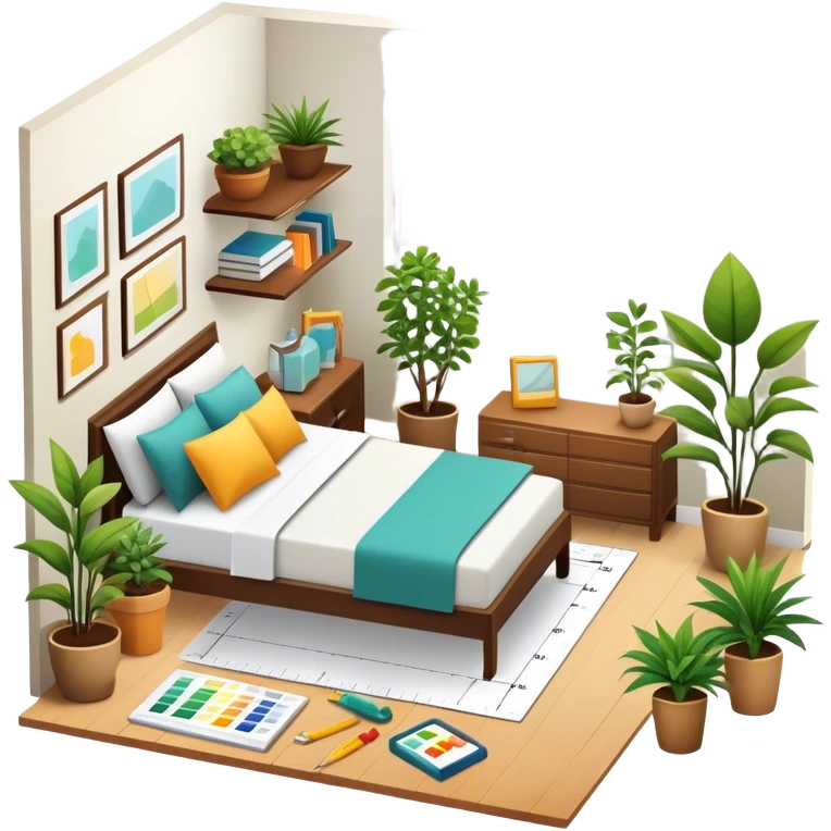Icon for Interior Design: a modern room layout with furniture, plants, and decor items, with a color palette and design tools like a ruler and measuring tape. The icon should represent creativity, space planning, and aesthetic design. Transparent background. emoji