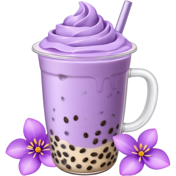 lavender milk tea boba with flower petals sprinkled on top  emoji