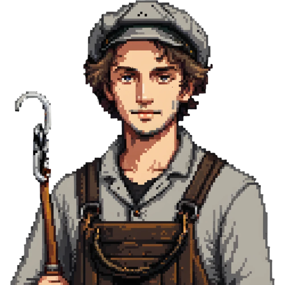 English dockworker from 1800s with weather-worn face, simple clothes and docker's hook emoji
