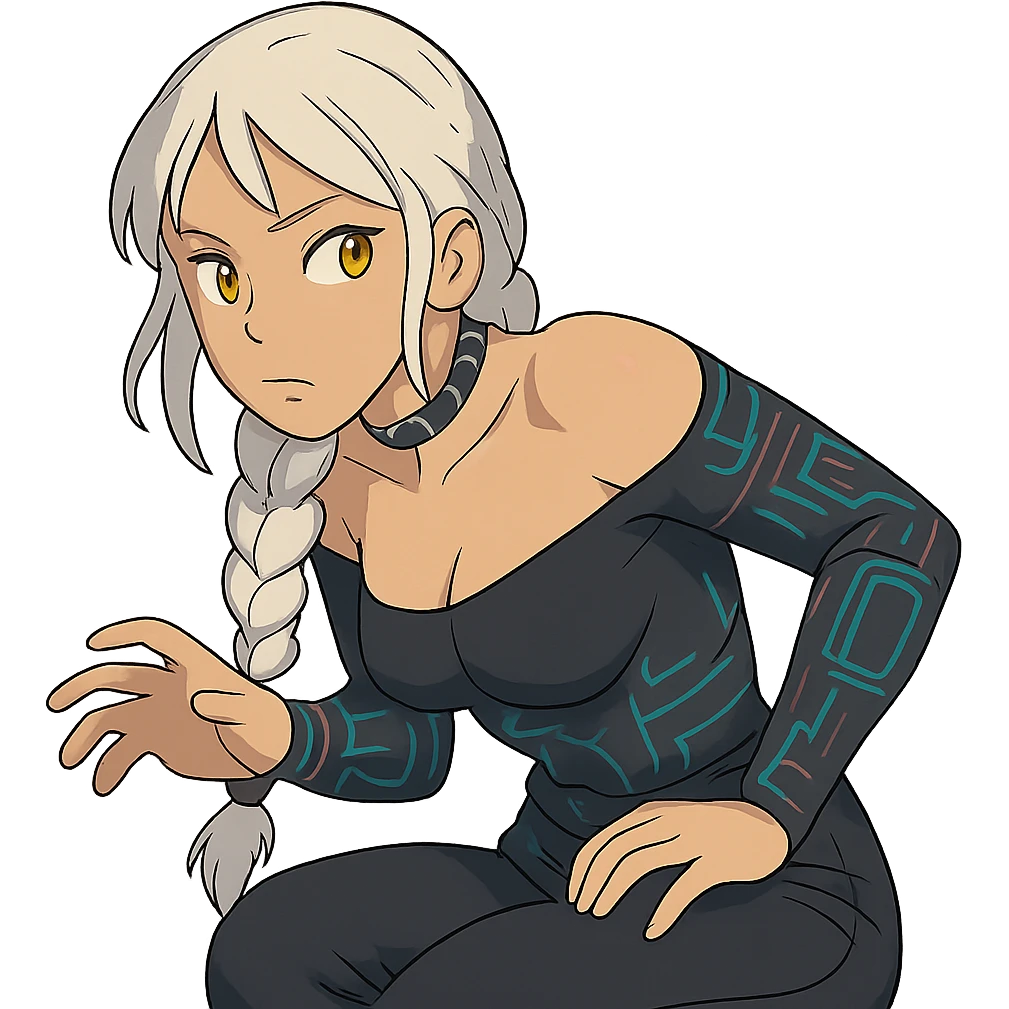  she is sneaking, scooby doo style, a closeup portrait of young woman with gold yellow eyes, white hair, long braid, black off-shoulder top d-cup, punk gothic style, futuristic cyberwave cyberpunk, sitting position
 emoji