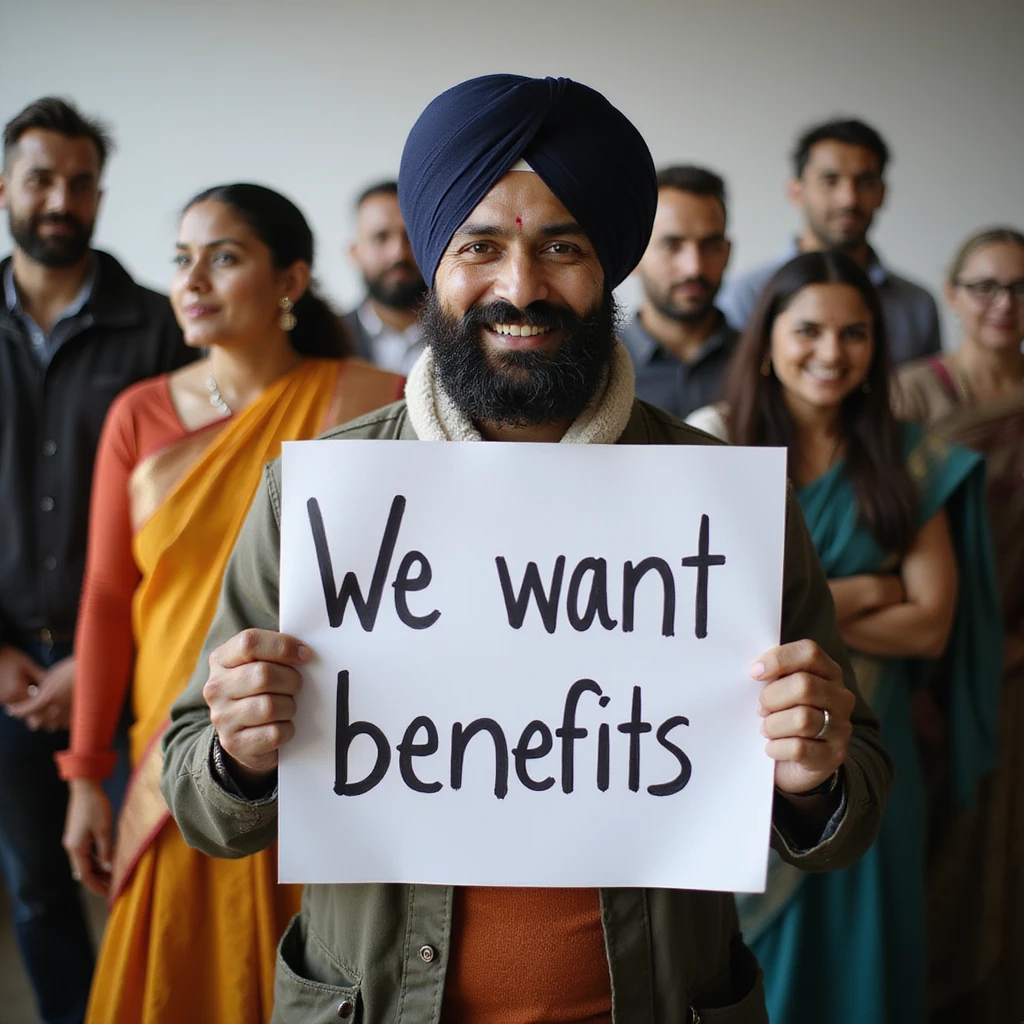 group of indian customers holding a board written "We want benefits" emoji