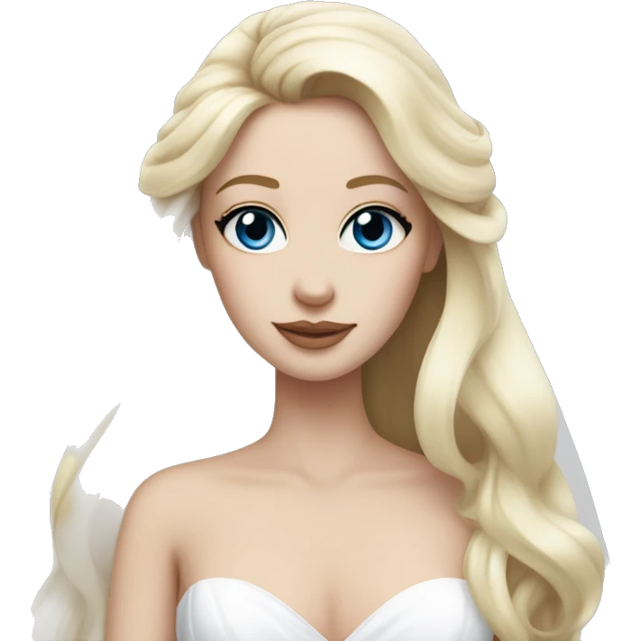 White bride with long light blonde hair and blue eyes with light pink peonies in hair white skin  emoji