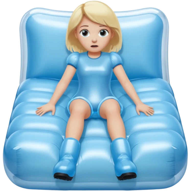 chica rubia con cara de miedo con unas botas de presoterapia gigantes inflables tirada en una cama emoji