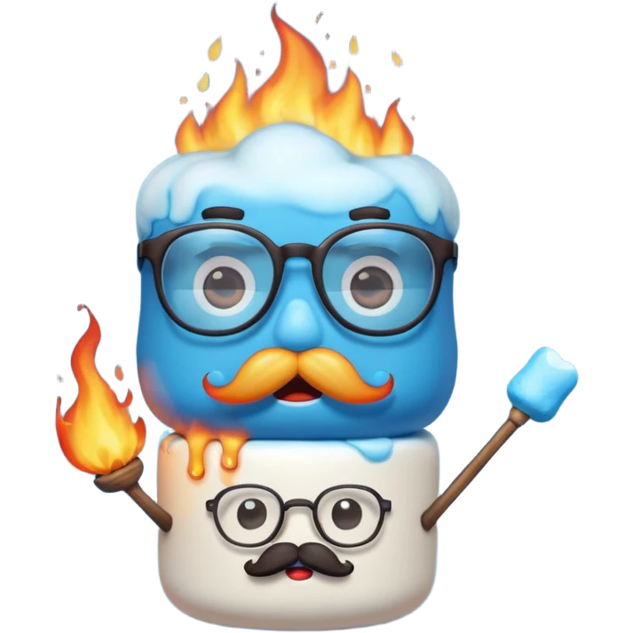 blue marshmallow on fire, surprised with mustache and glassess, just marshmallow emoji