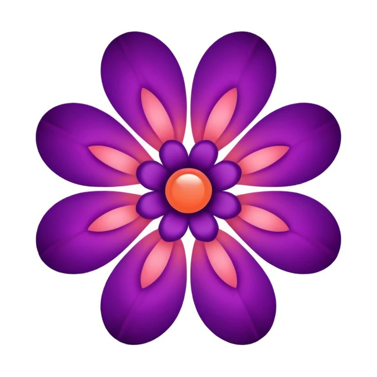 abstract organic tech symbol with five deep purple petals, circular negative space, glowing coral-pink center, very light pink rounded square background, modern minimal emoji