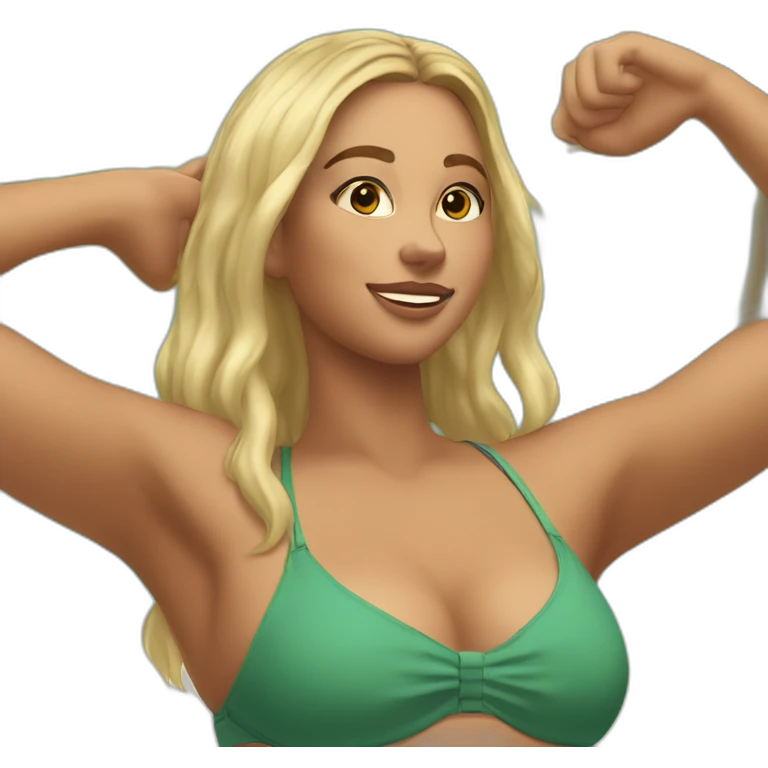 Slim-thicc Caucasian woman bikini hands in hair pose (beach body) emoji