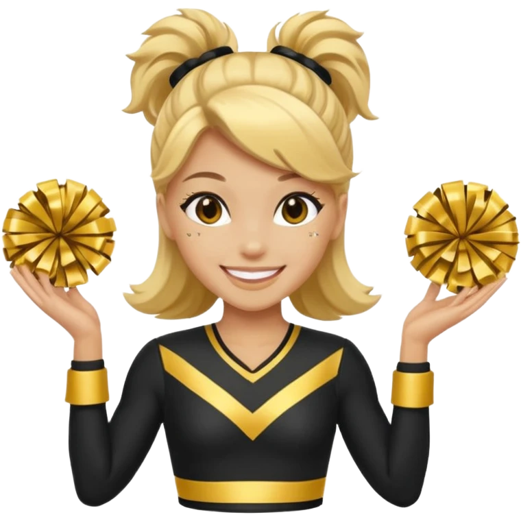 Cheerleader with gold tone skin and outfit black and gold emoji