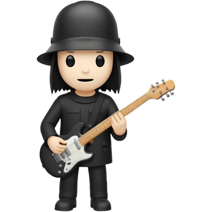 Minimalist chibi emoji of Buckethead: tiny body, oversized bucket helmet, simple black clothes, holding a guitar, spooky-cool but adorable emoji