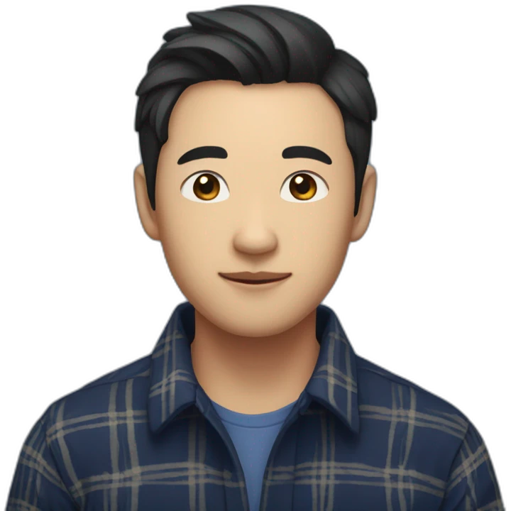 A asian young man with no beard,  short black hair, exuding confidence, clad in a navy blue checked flannel shirt. emoji