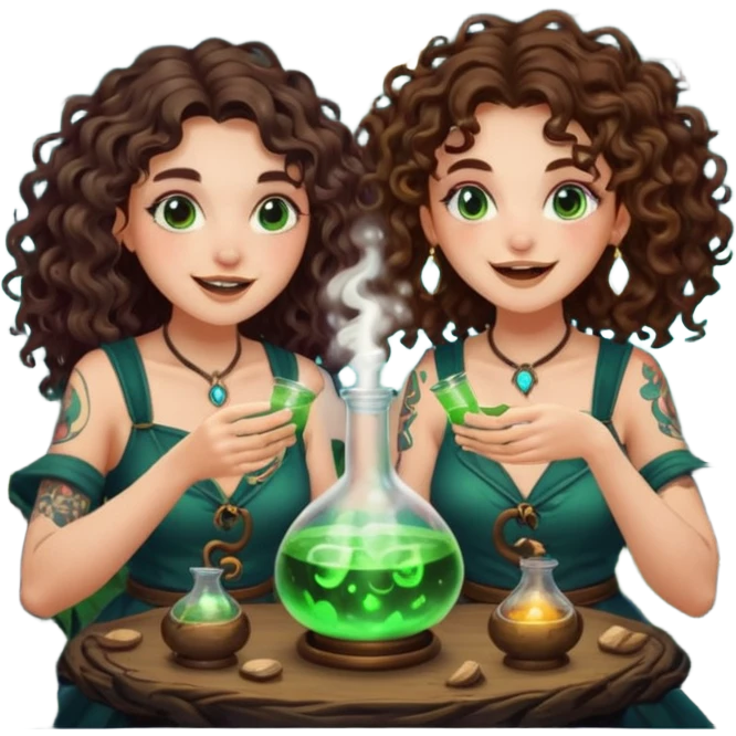 forest alchemist duo two women curly long hair tattooed and short brown hair mixing glowing moon potion together excited faces emoji