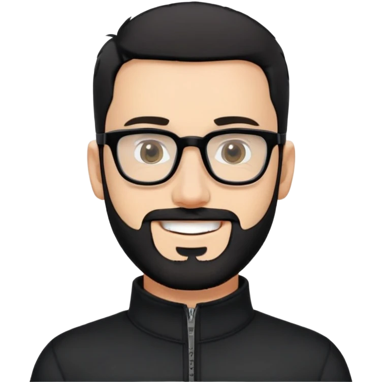 Fair-skinned man with very short buzzed black hair, short distinctly salt and pepper beard, large black-framed glasses, smiling, wearing black long sleeve quarter-zip shirt with visible zipper at collar emoji