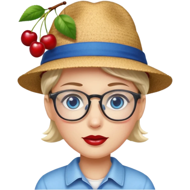 Wearing hat with cherries, Blue eyes and glasses  emoji