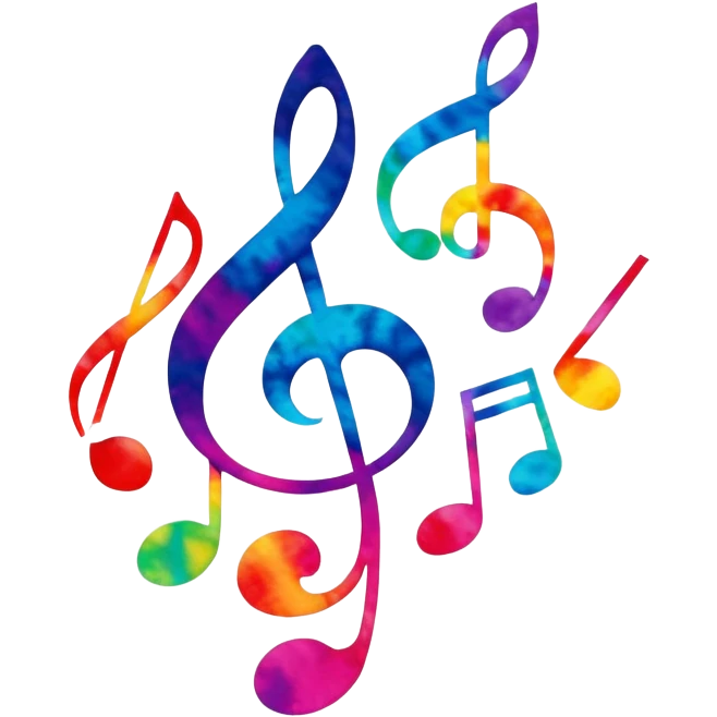 Tie-dye music notes and hearts emoji