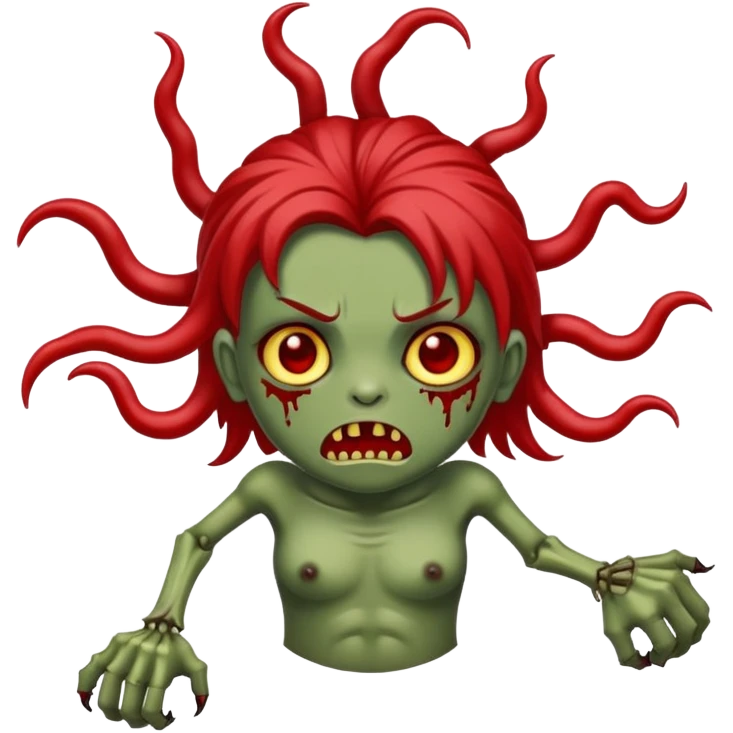 Uma zumbi com cabelos castanhos, duas mechas vermelhas escuras  emoji