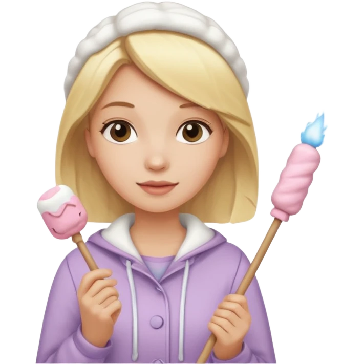 blonde woman cute clothes holding marshmallow stick emoji