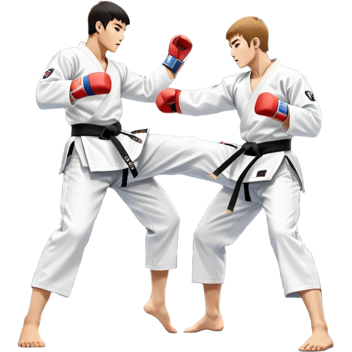 Two taekwondo fighters in traditional white doboks with black belts compete in a dynamic match. One delivers a high kick, while the other blocks using their knee. The background features a professional arena with bright lights and spectators. Transparent background. emoji