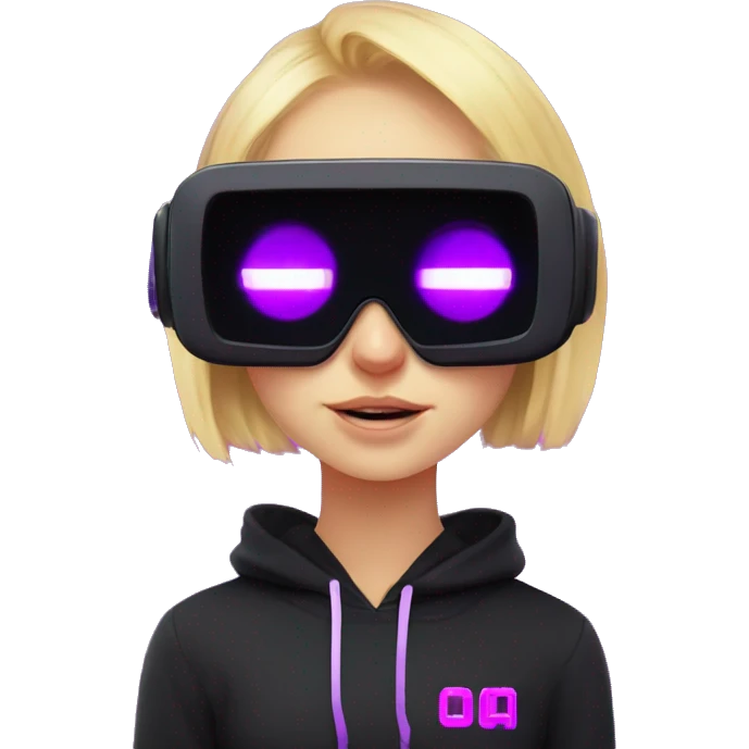 Russian cute blond student girl wearing black hoody with violet letters "OMG", in vr headset. No eyes. Cyberpunk style. Violet neon. emoji