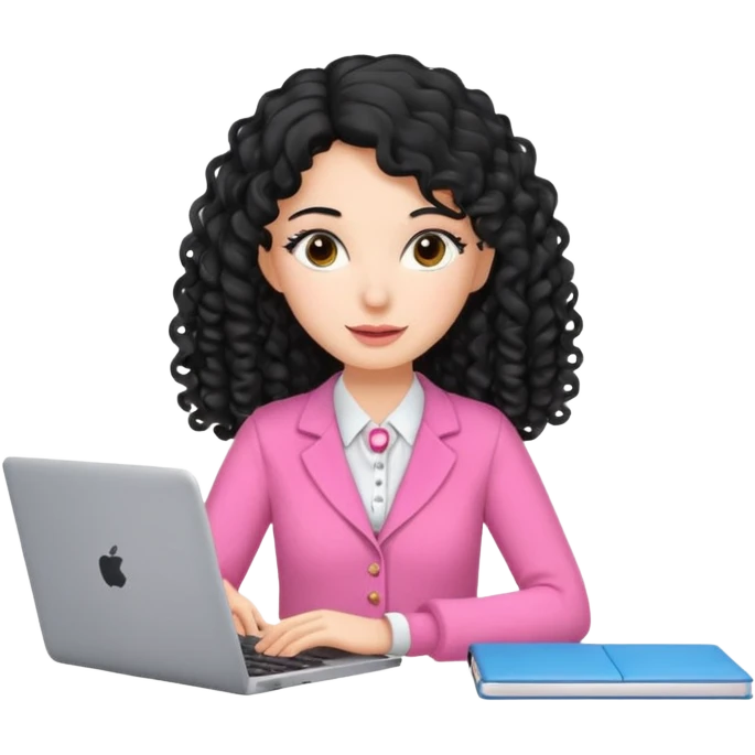 pretty brunnet teacher woman with pink clothes and long mid length black curly hair with laptop  emoji