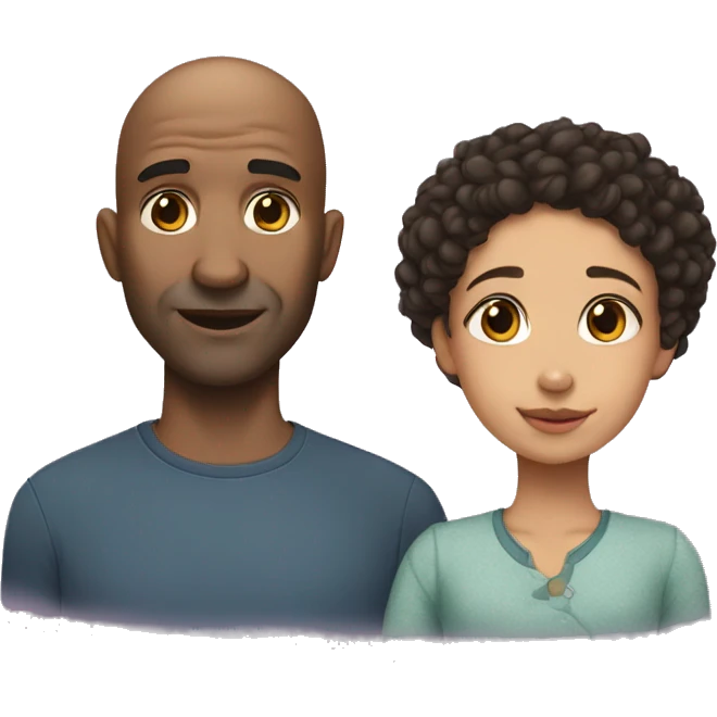 Dark bald Father and lightskin dark curly head daughter emoji