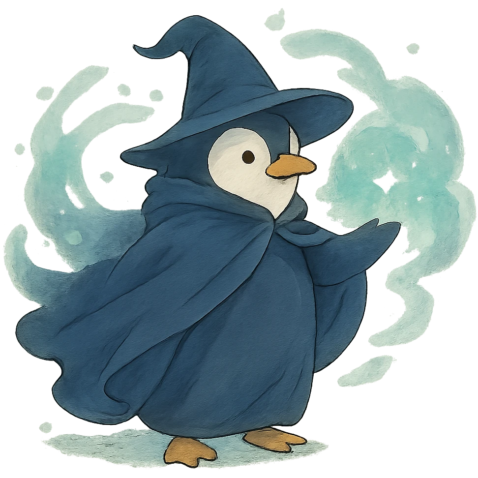 ghibli style penguin wizard with flowing cloak and magical aura emoji