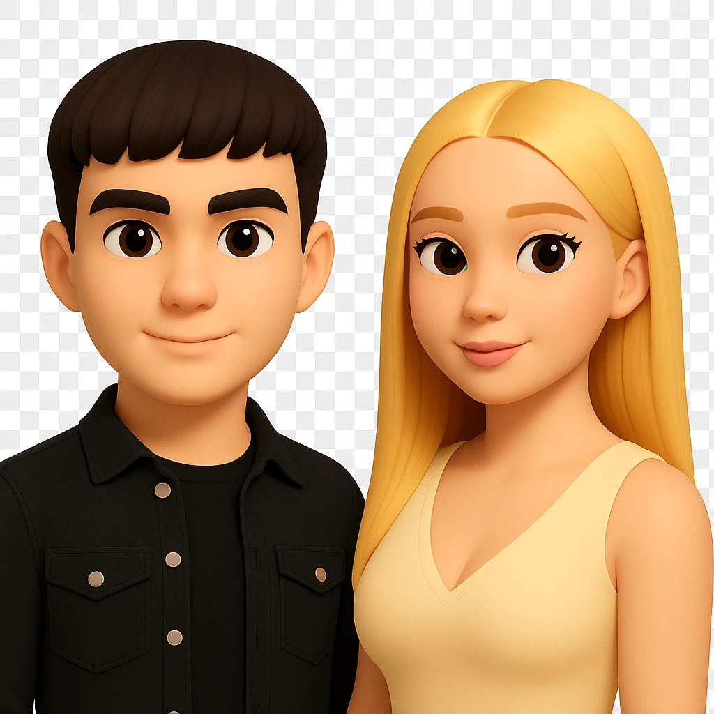 Slightly increase the volume of the upper body of the girl, separate the girl and the boy from each other, make the skin color the same for both characters. Maintain the cartoonish 3D style and keep the background transparent. The original style is cartoonish 3D style, please preserve that look. emoji