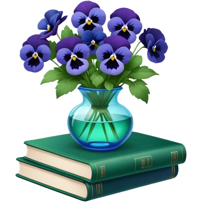 Aesthetically arranged books in dark green and next to them a bouquet of blue pansies in a light green glass vase emoji