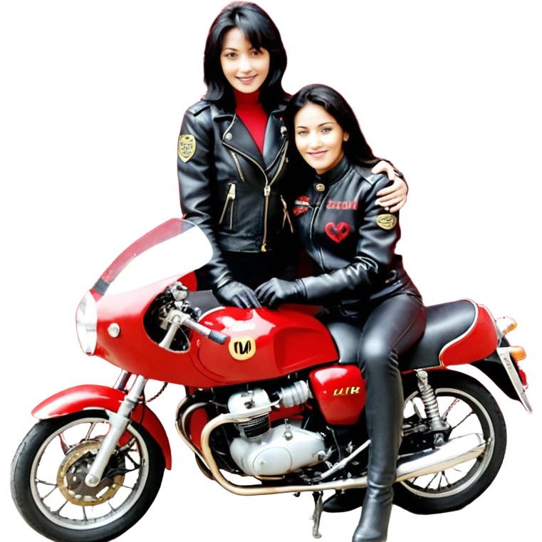 Crie um motoqueiro de jaqueta preta junto com uma mulher de jaqueta preta com um símbolo de um coração vermelho com chama vermelha e letras HL escrito em dourado dentro do coração vermelho, a mulher abraçado ao motoqueiro os dois de costas na moto Harley Davidson vermelha  emoji