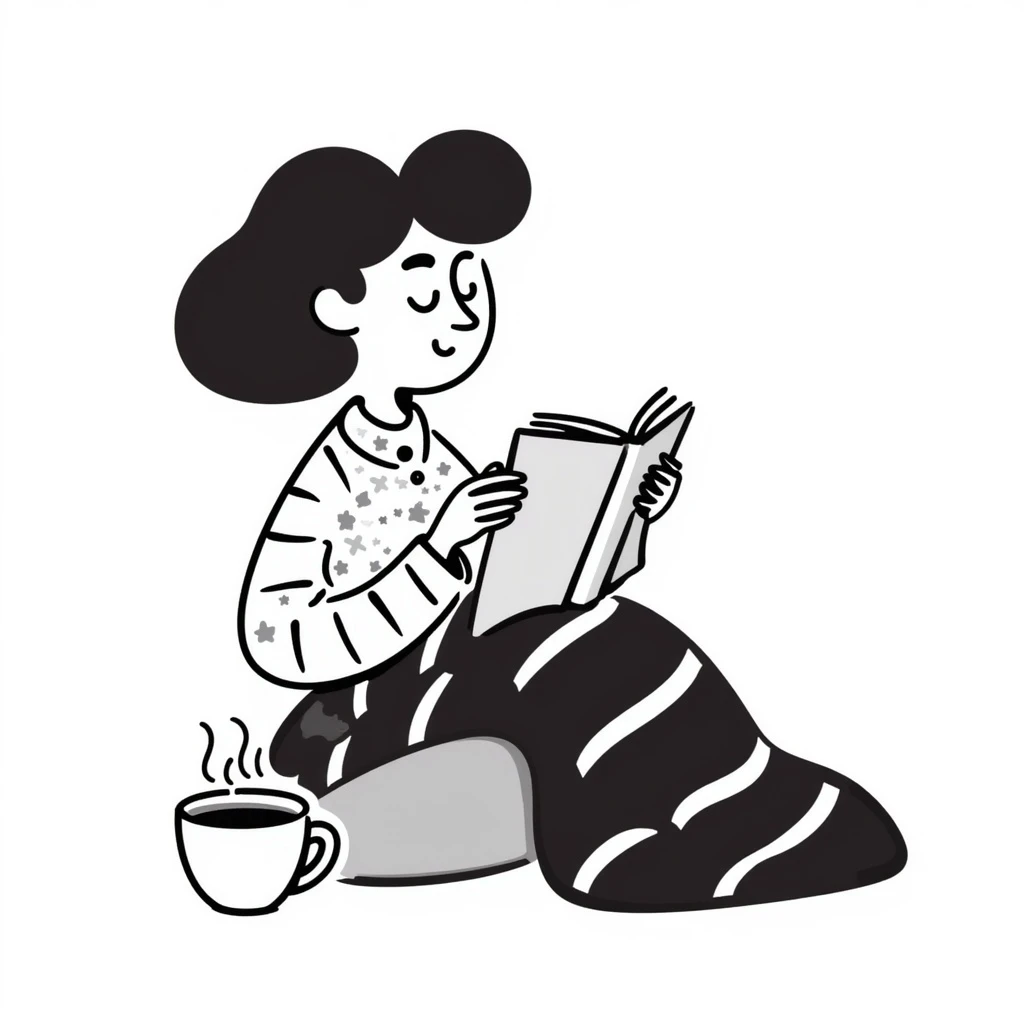 A cozy self-care illustration featuring a person reading a book, wrapped in a blanket, with a cup of tea nearby emoji