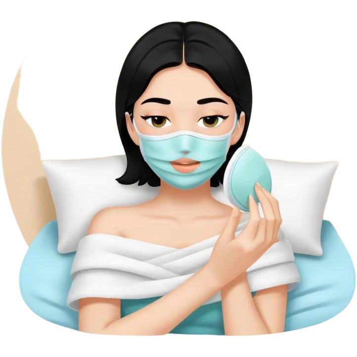 white girl with black hair doing self care, face mask, relaxing emoji