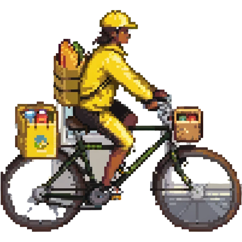 A courier on a yellow bicycle, wearing yellow and black clothes rides from left to right. On the back of the courier is a yellow food delivery bag emoji