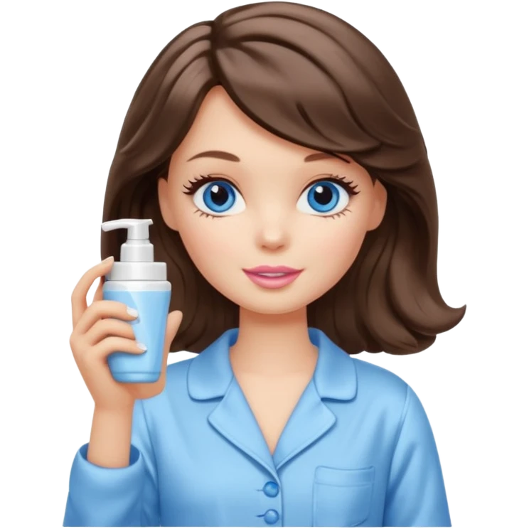 Barbie girl with makeup, blue eyes , and bob long haircut wavy, short brown hair in creamy color pajamas, face cream in hand emoji