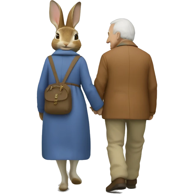 Peter rabbit from the back walk holding hands with an older woman with brown hair  emoji