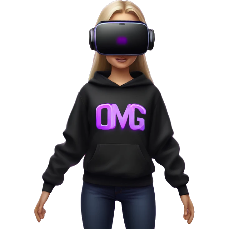 Russian girl wearing black hoody with violet letters "OMG", in vr headset oculus quest2. Standing like jedi. Cyberpunk style. Violet neon. emoji