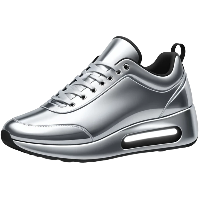 A pair of futuristic sneakers emoji made of silver chrome, sleek streetwear design, smooth metallic panels, subtle reflections, luxury swag aesthetic, iOS emoji style, centered, clean white background emoji