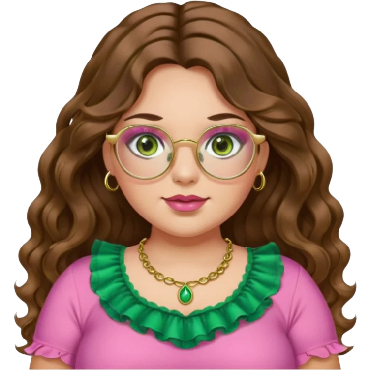 Girl long wavy brown hair with middle part. green gold eyes, plus size, pink frilly top,  gold nose ring. Gold rimmed glasses. Long eyelashes. emoji