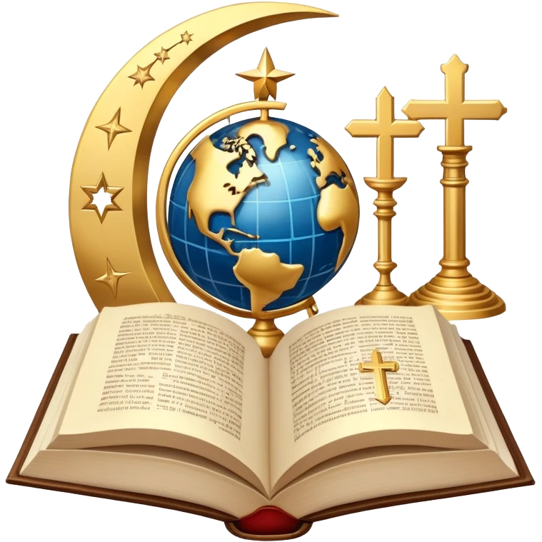 An icon featuring religious symbols like a cross, crescent moon, and star, alongside an open book, symbolizing the study of religion. The design includes a globe and a temple in the background, representing global faith traditions and spiritual exploration. Transparent background emoji