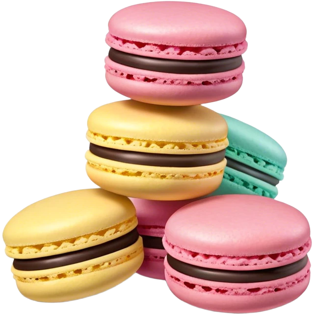 Cinematic Realistic Macaroon Dessert Emoji, showcasing colorful, delicate meringue-based cookies with a crisp exterior rendered with vibrant textures and playful, soft lighting. emoji